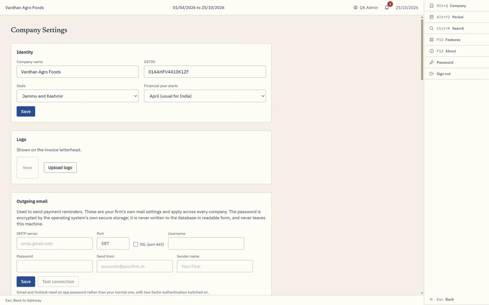 Company settings – identity, letterhead, bank details and terms.